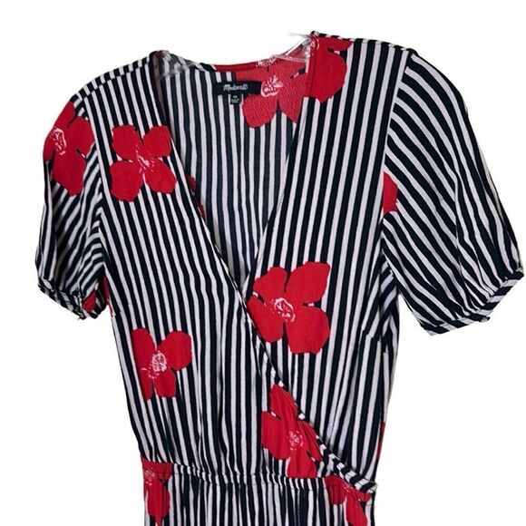 Madewell - Mini Ruffle Wrap Dress, Striped Floral - Size 00, Black, White, Red - Picture 7 of 16